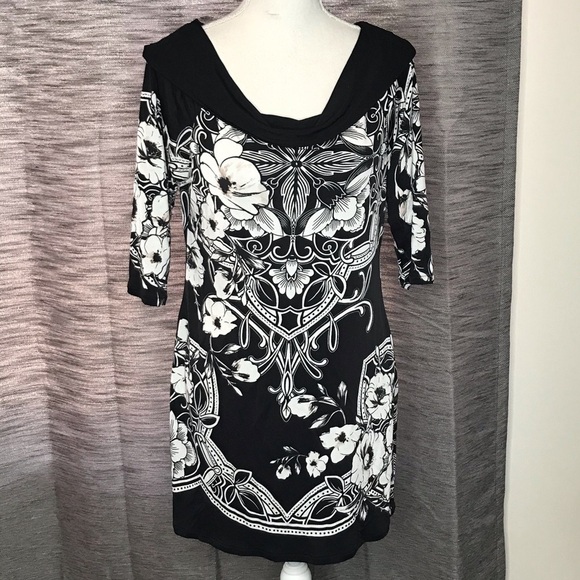 WHBM MEDIUM BLACK & WHITE with BROWN ACCENTS COWL SHORT SLEEVED NECK DRESS - Picture 1 of 6